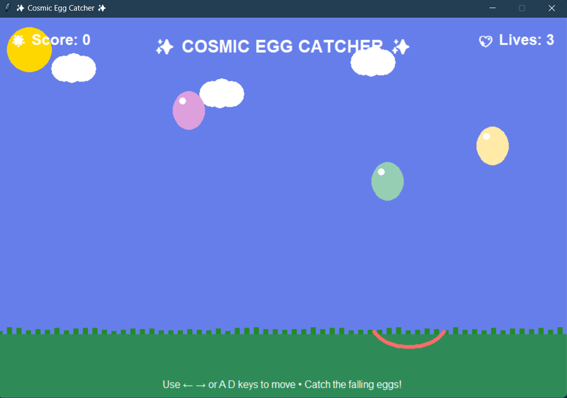 نمای اجرای بازی Cosmic Egg Catcher در پنجره tkinter: تخم‌مرغ‌های رنگی در حال سقوط در آسمان آبی، سبد قرمز روی زمین چمن و نمایش امتیاز ۰ و ۳ جان در بالای صفحه